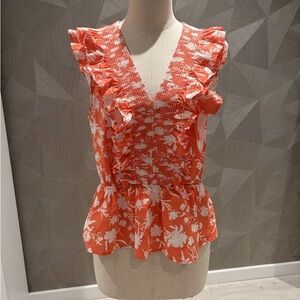 Alice Blue Coral and White Ruffle Peplum Blouse